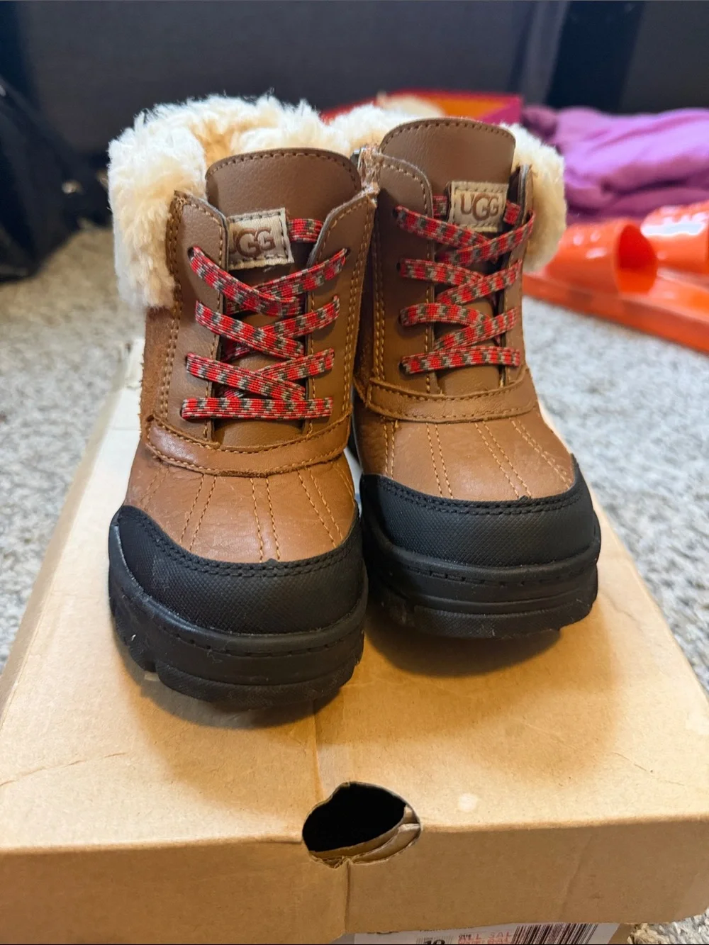 UGG Kids Brown and Black Faux-Fur Winter Boots with Red Accent Laces